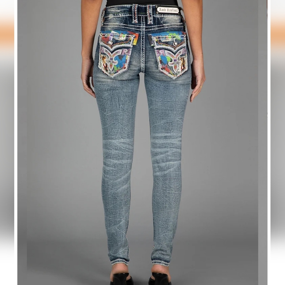 🤘NeW🥰 ROCK REVIVAL HARLOW LIMITED EDITION EMBROIDERED SKINNY JEANS 29 - Picture 15 of 16